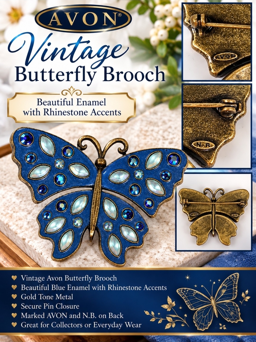 Avon Vintage Blue Enamel Butterfly Brooch with Gold-Tone Accents